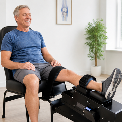 Close-up of the Knee-on-Trac decompression cuff applied to a patient's knee